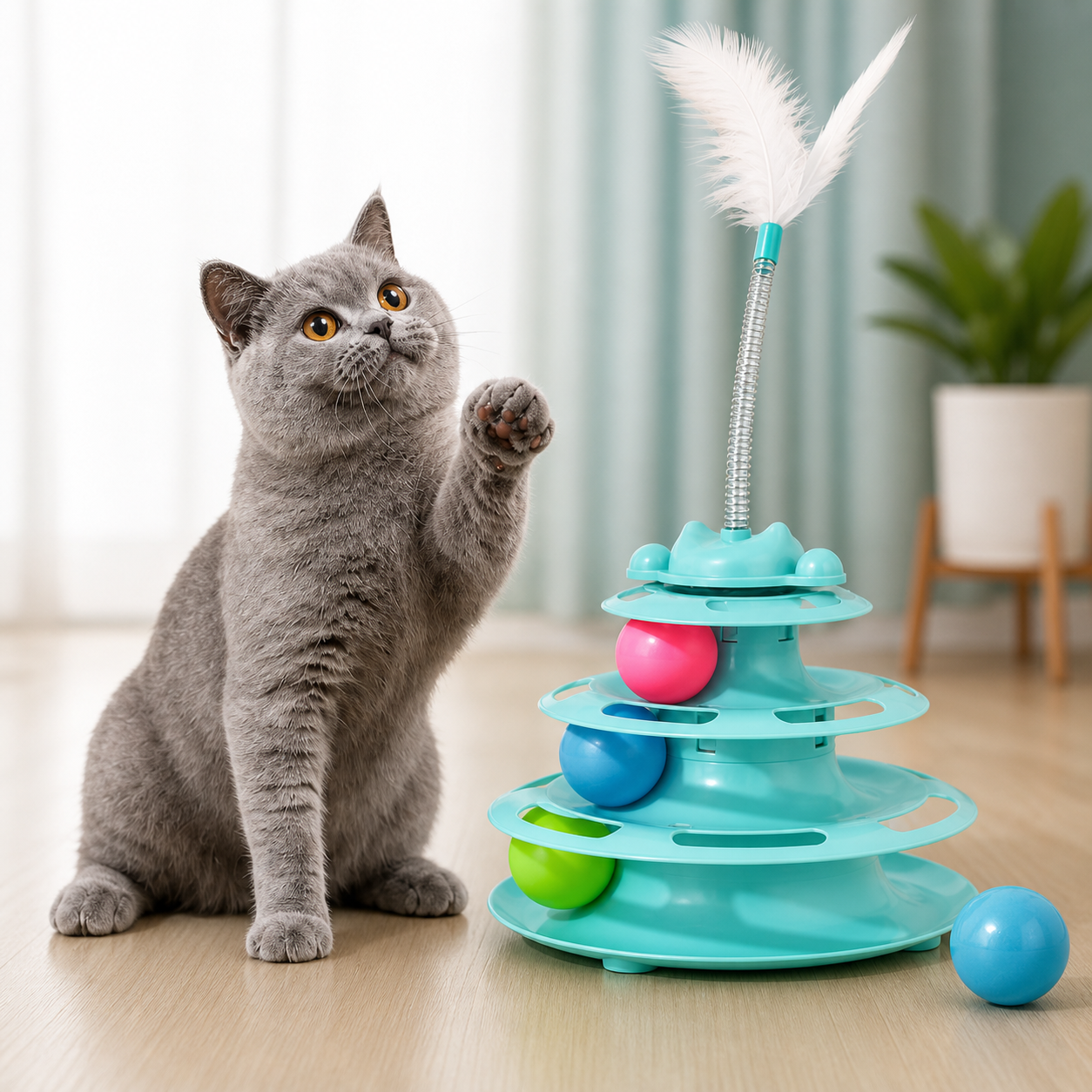 2-in-1 cat track ball toy with feather teaser, interactive multi-level tower for indoor cats to chase and bat