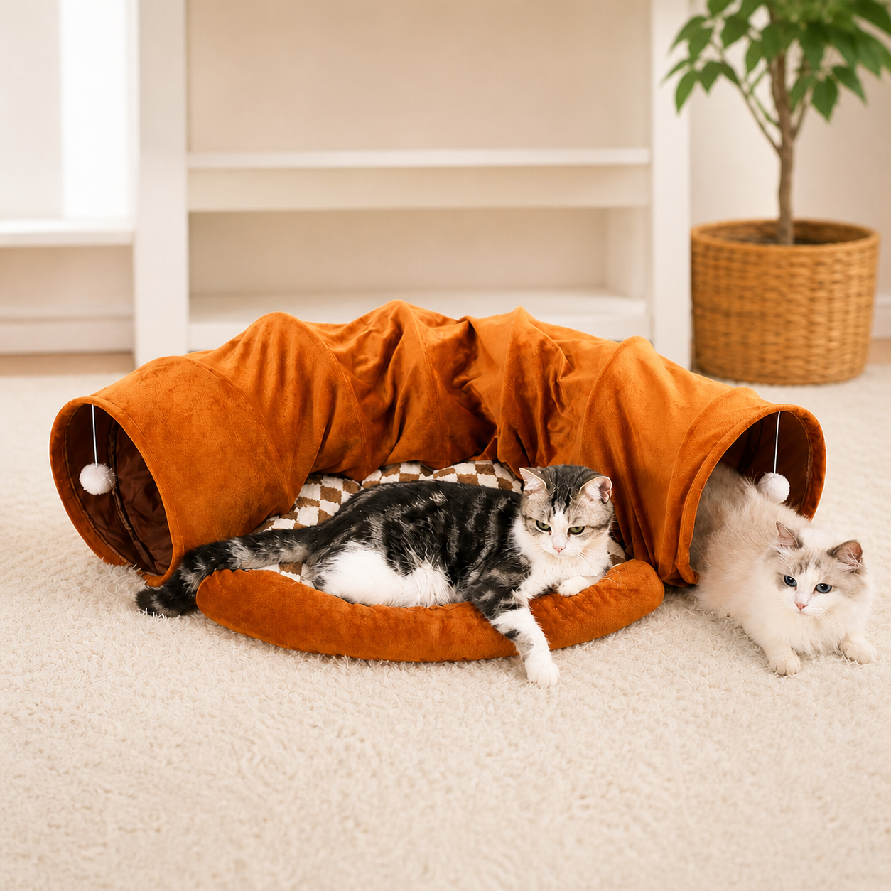 2-in-1 cat tunnel bed with hanging toy balls, cozy play and rest center for indoor cats