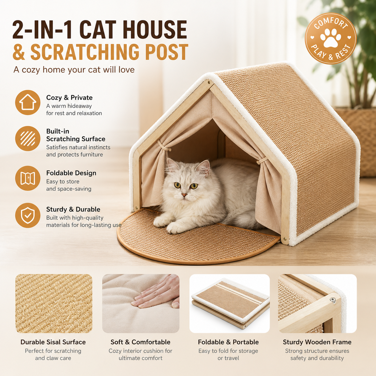 2-in-1 foldable cat house with built-in sisal scratching surface, cozy and private hideaway for cats to rest and play