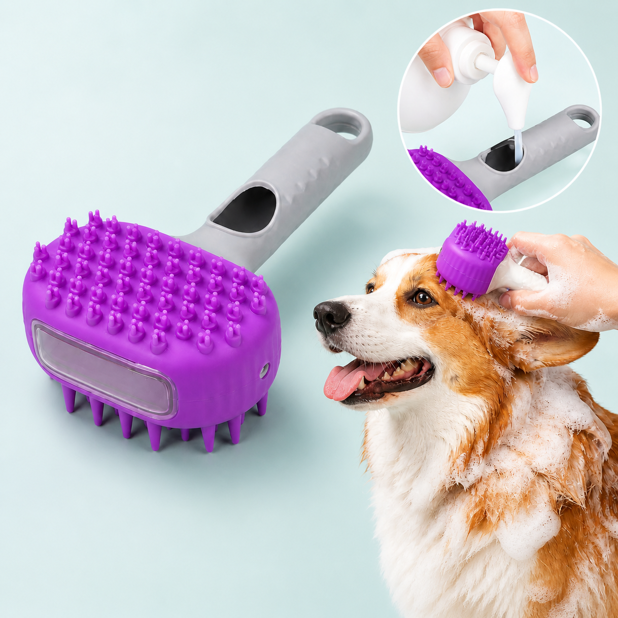 2-in-1 pet bath massage brush with built-in shampoo dispenser, soft silicone bristles for dog and cat grooming