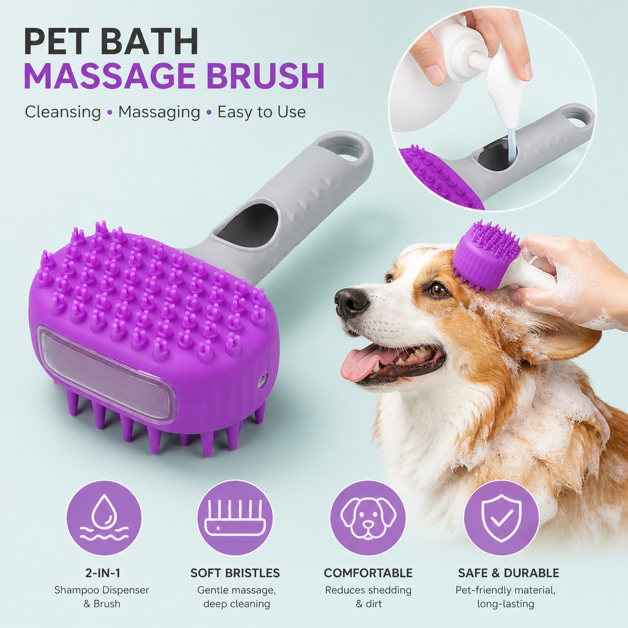 2-in-1 pet bath massage brush with built-in shampoo dispenser, soft silicone bristles for dog and cat grooming and bathing