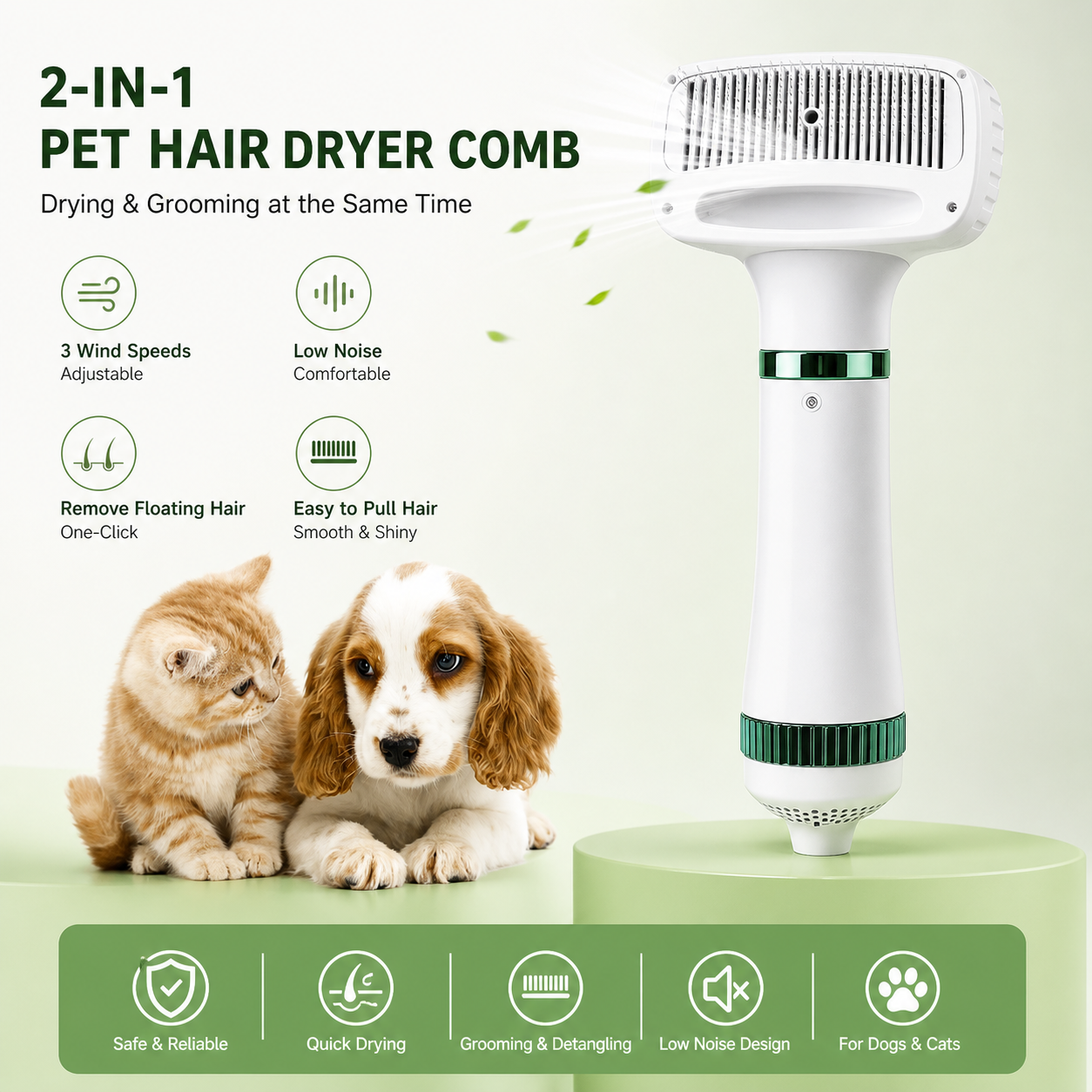 2-in-1 pet hair dryer comb for dogs and cats, low-noise grooming brush with adjustable wind speeds for drying and detangling