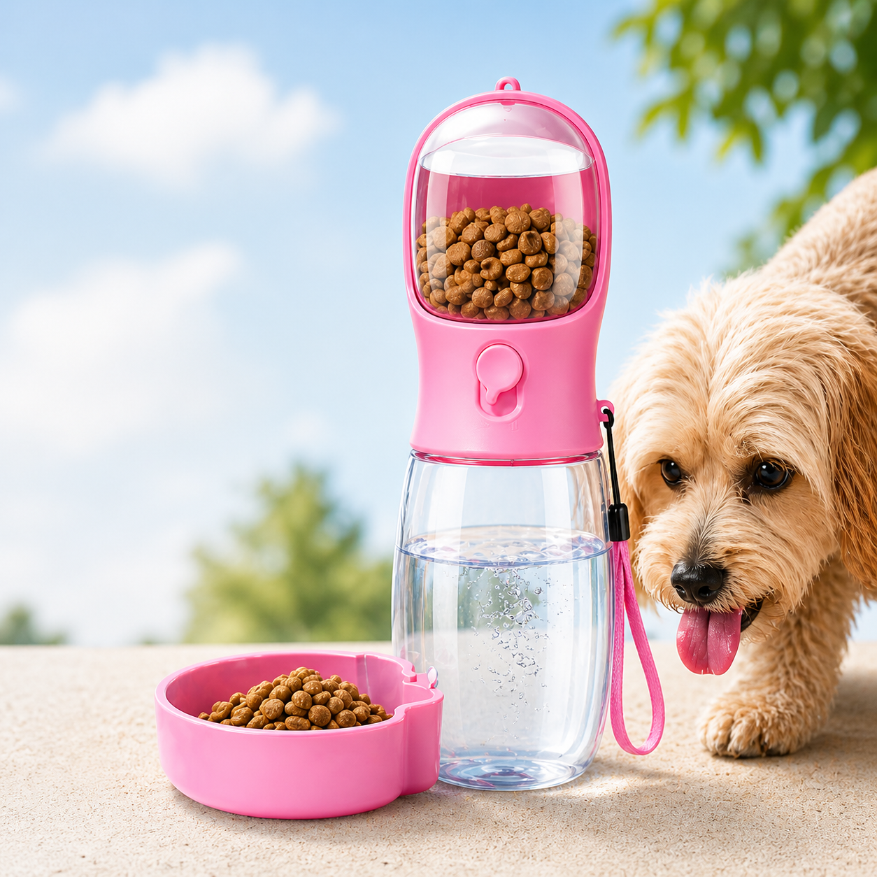 2-in-1 portable dog water bottle with built-in food storage, perfect for outdoor walks and travel