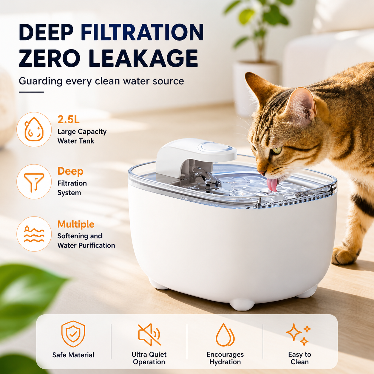 2.5L deep filtration pet water fountain, zero leakage automatic water dispenser for cats and dogs