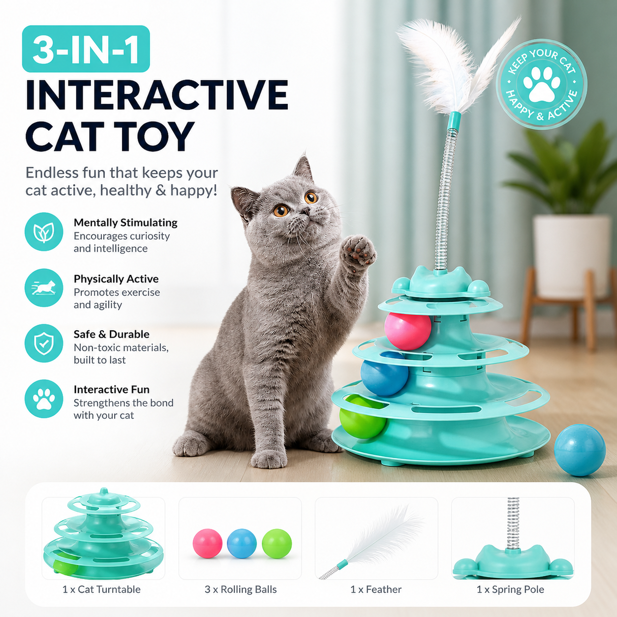 3-in-1 interactive cat toy with track balls and feather wand, mentally stimulating and physically active play for indoor cats