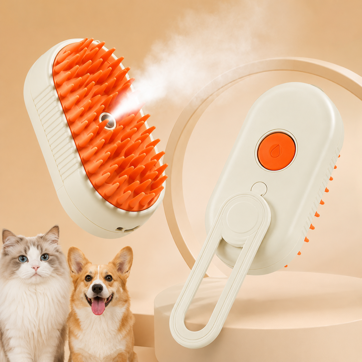 White and orange 3-in-1 steam spray pet grooming brush with soft silicone tips, for dog and cat hair removal, massage and cleaning