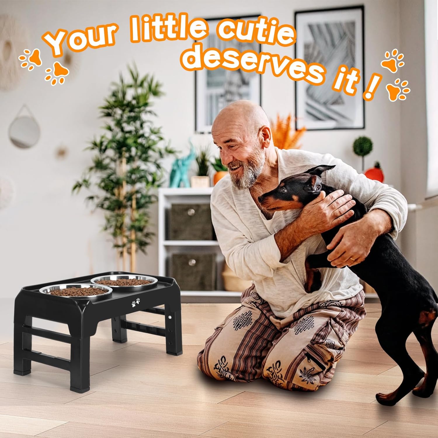COMESOON Dog feeders Raised Dog Bowls, 4 Height Adjustable Elevated Dog Bowls with 2 Thick Stainless Steel 50oz Dog Food Bowls for Large Medium Dogs Adjusts to 3.7", 9.2", 10.75", 12.36"- Black