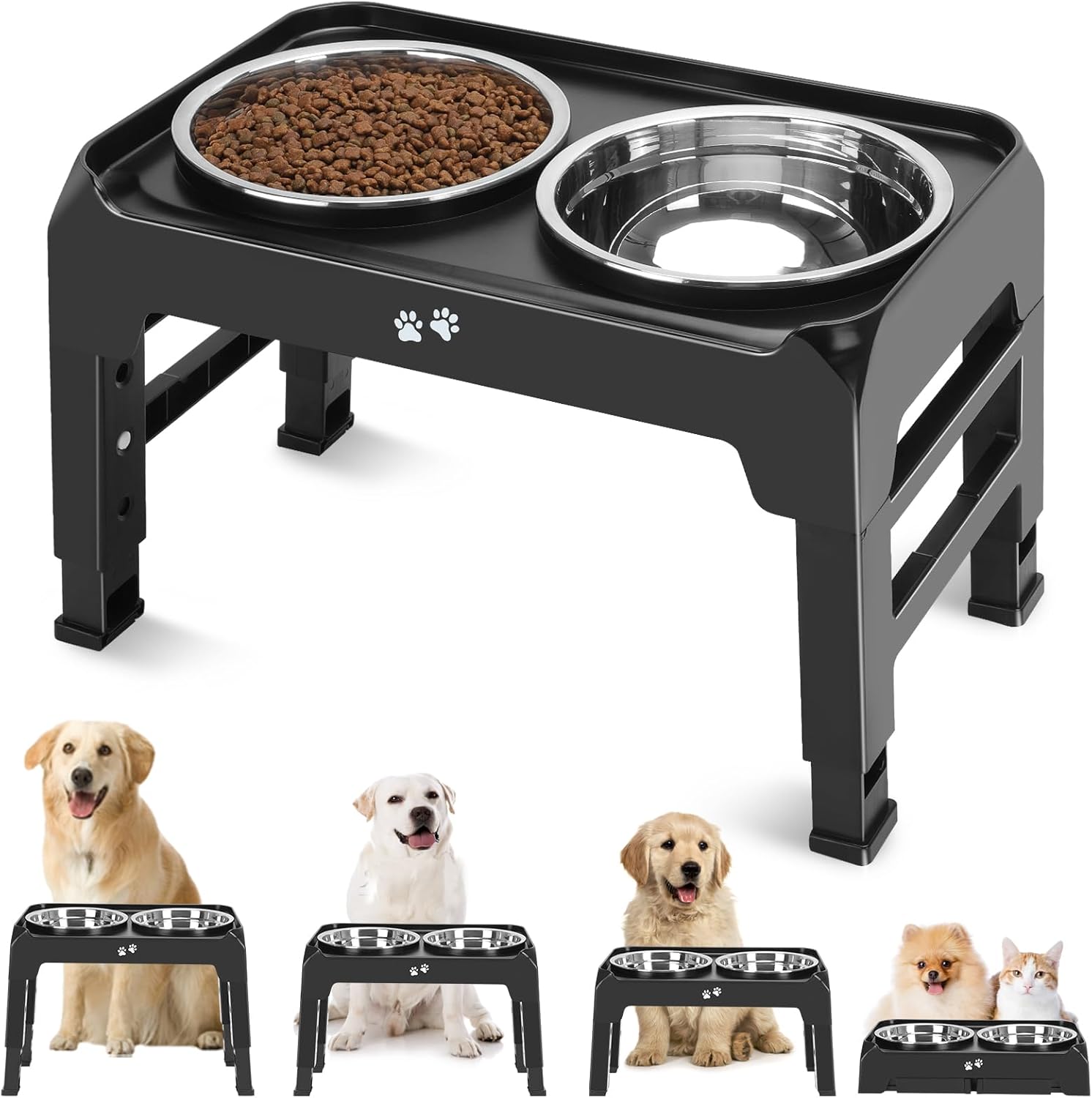 COMESOON Dog feeders Raised Dog Bowls, 4 Height Adjustable Elevated Dog Bowls with 2 Thick Stainless Steel 50oz Dog Food Bowls for Large Medium Dogs Adjusts to 3.7", 9.2", 10.75", 12.36"- Black