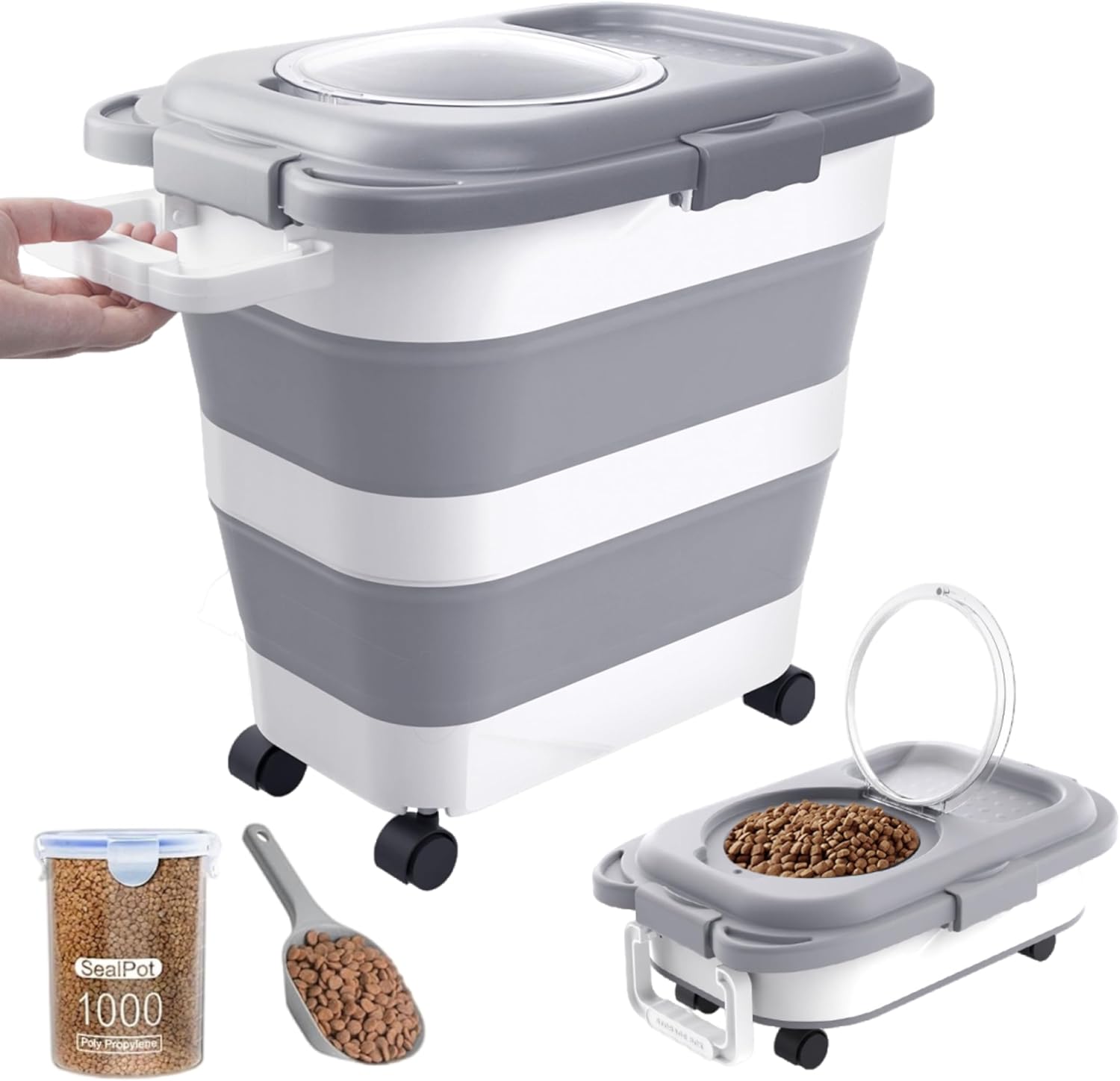 Catfeeders 23-25 Lbs Airtight Dog Food Storage Container,Collapsible Dog Food Container with Lid,Wheels,Handle,Large Pet food storage Container with Scoop,Small Food Container for Pet