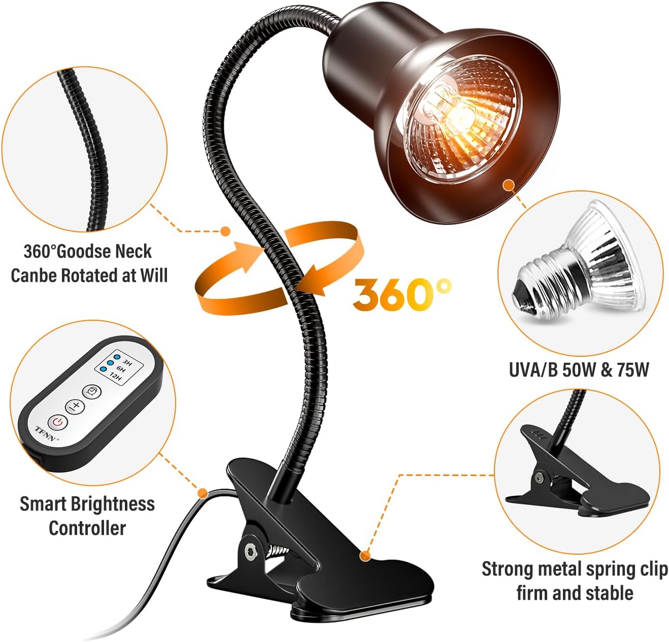 Reptile Heat Lamp with Clamp & Timer | UVA UVB Basking Light for Turtle Bearded Dragon Lizard | 50W+75W Bulbs | 360° Swan Neck | PawPlayHub