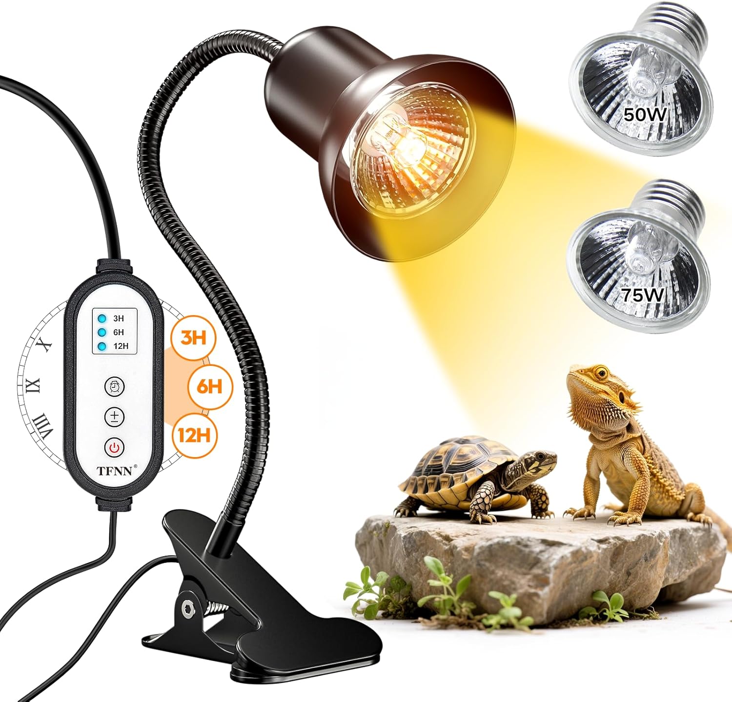 Reptile Heat Lamp with Clamp & Timer | UVA UVB Basking Light for Turtle Bearded Dragon Lizard | 50W+75W Bulbs | 360° Swan Neck | PawPlayHub