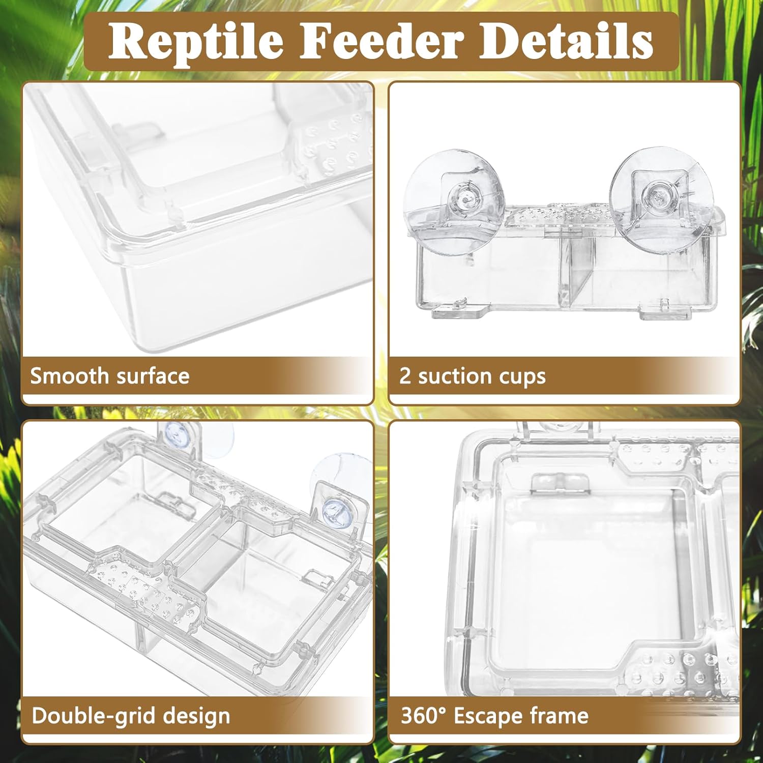 Reptile Feeder Bowl with Suction Cup – Transparent Dual Compartment Anti-Escape Live Worm Insect Feeder for Gecko Chameleon Lizard Bearded Dragon