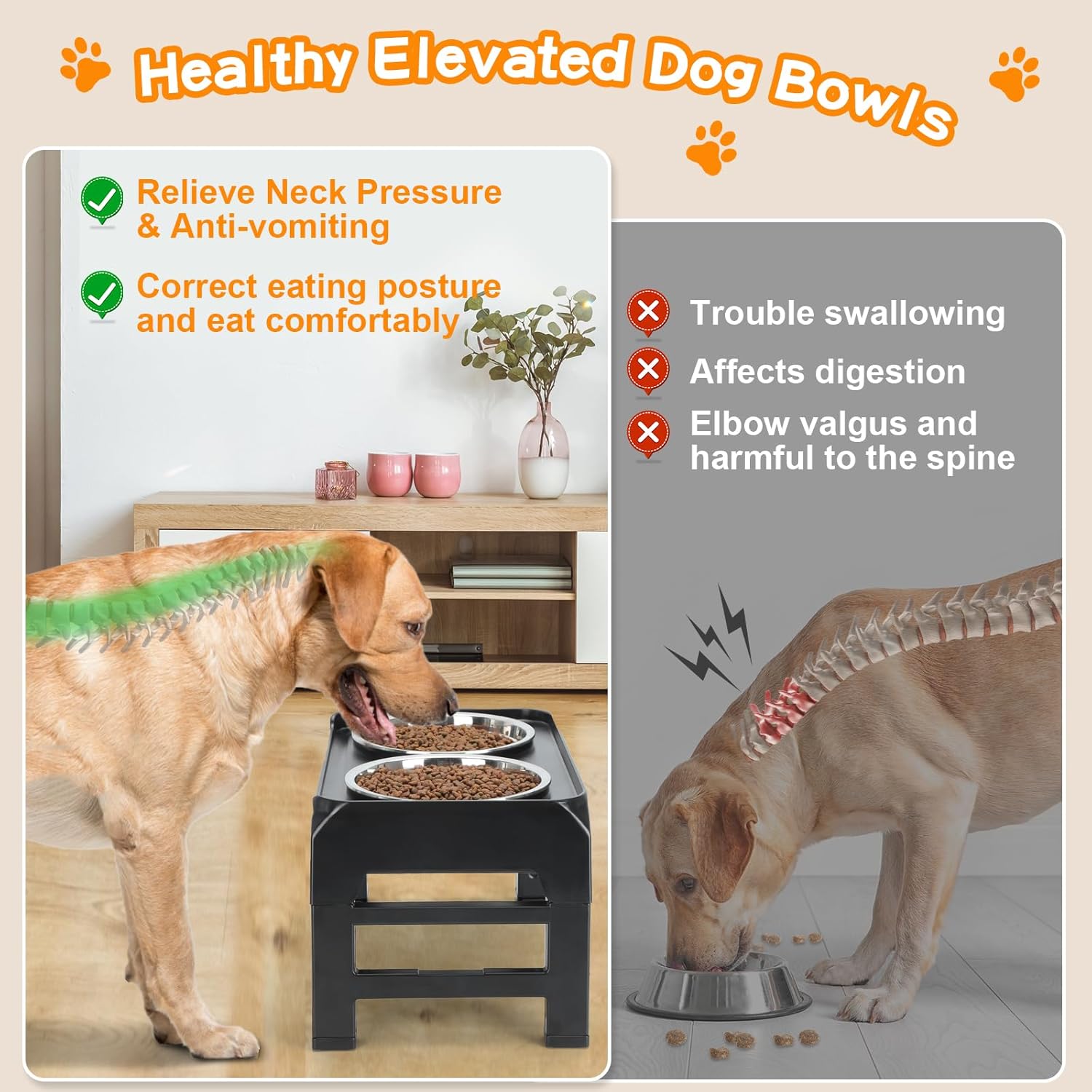 COMESOON Dog feeders Raised Dog Bowls, 4 Height Adjustable Elevated Dog Bowls with 2 Thick Stainless Steel 50oz Dog Food Bowls for Large Medium Dogs Adjusts to 3.7", 9.2", 10.75", 12.36"- Black