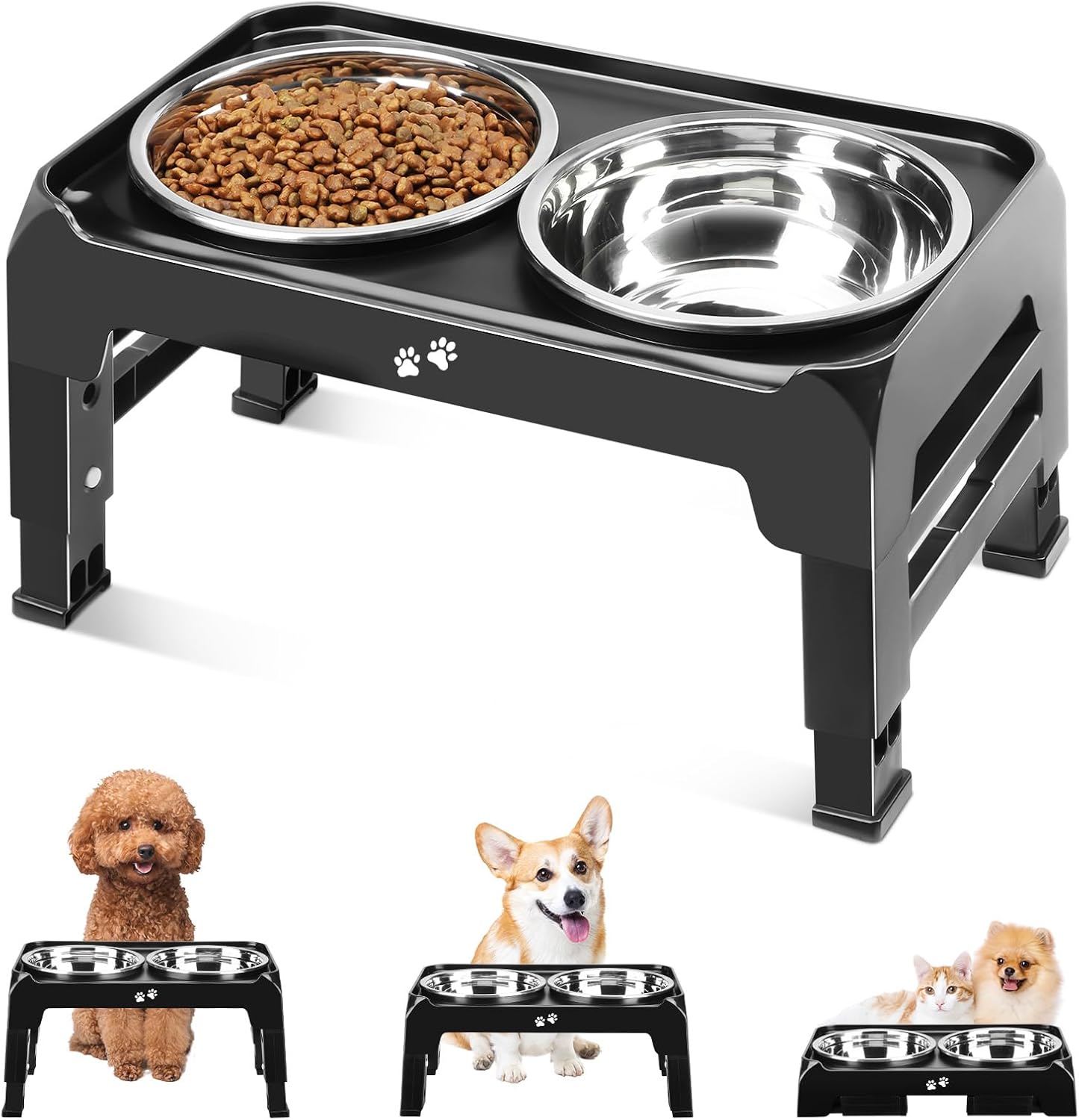 COMESOON Dog feeders Raised Dog Bowls, 4 Height Adjustable Elevated Dog Bowls with 2 Thick Stainless Steel 50oz Dog Food Bowls for Large Medium Dogs Adjusts to 3.7", 9.2", 10.75", 12.36"- Black