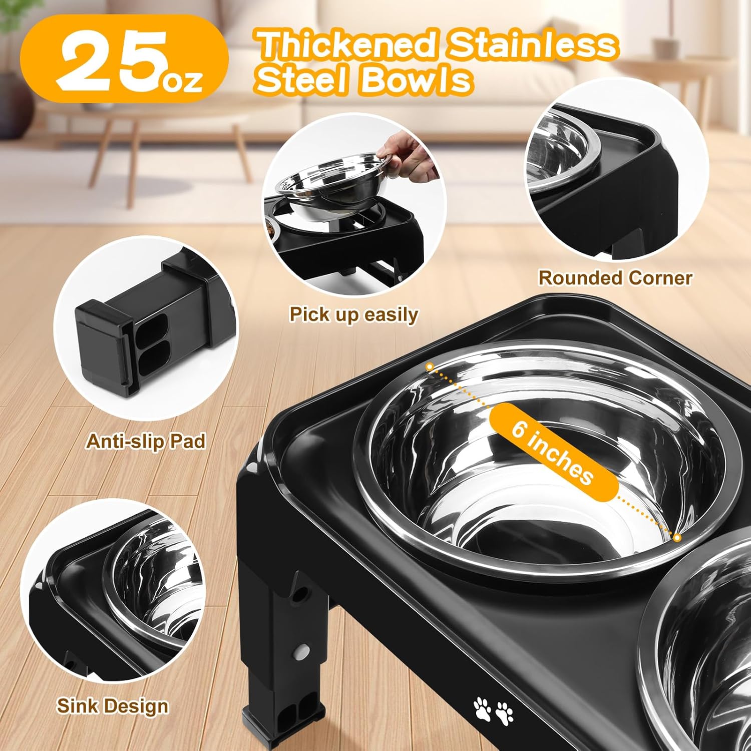COMESOON Dog feeders Raised Dog Bowls, 4 Height Adjustable Elevated Dog Bowls with 2 Thick Stainless Steel 50oz Dog Food Bowls for Large Medium Dogs Adjusts to 3.7", 9.2", 10.75", 12.36"- Black