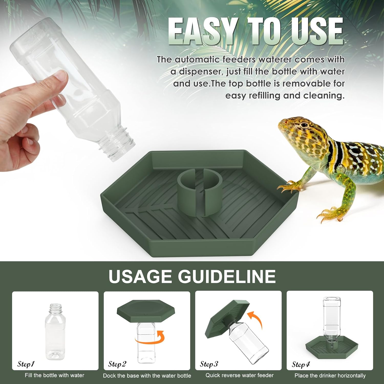 Reptile water dispenser specs, 250ml automatic tortoise waterer dimensions, L-size reptile water bowl