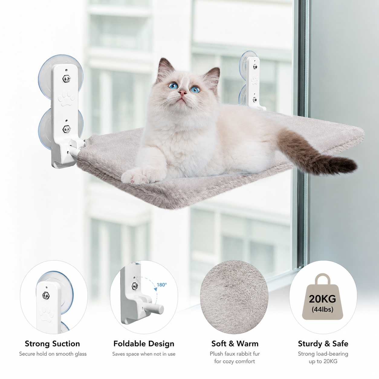 Window Mounted Cat Hammock Bed – Strong Suction Cup, Foldable Cozy Pet Window Perch with Soft Faux Fur Cushion