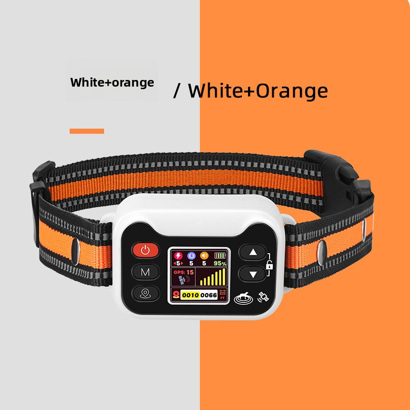 White and orange GPS dog fence training collar with LCD screen, showing signal strength, battery life, and function settings; features buttons for power, mode, and adjustment, suitable for outdoor pet containment