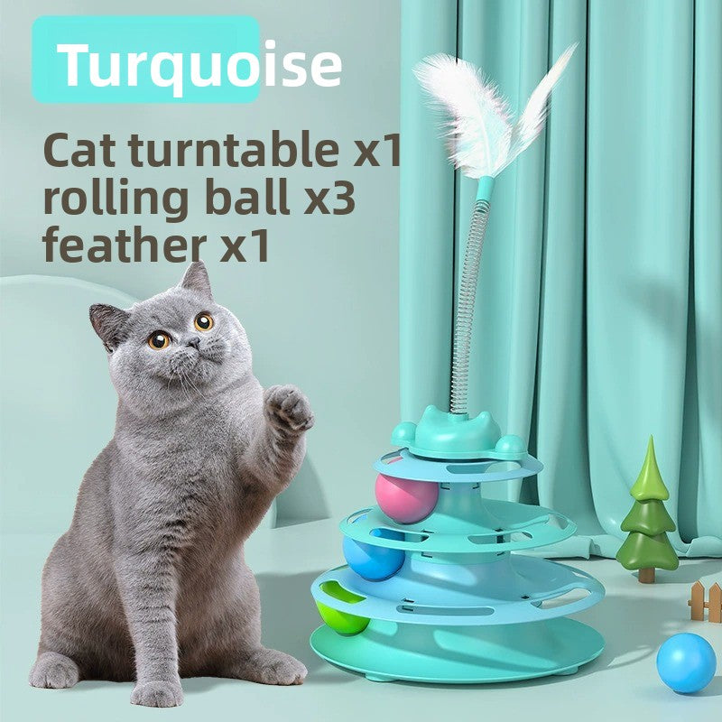 2-in-1 Cat Tur Toy with 3 Rolling Balls & Feather Wand | Interactive Track Tower for Indoor Cats