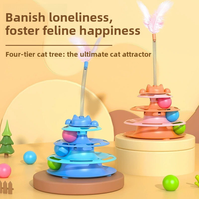 2-in-1 Cat Tur Toy with 3 Rolling Balls & Feather Wand | Interactive Track Tower for Indoor Cats