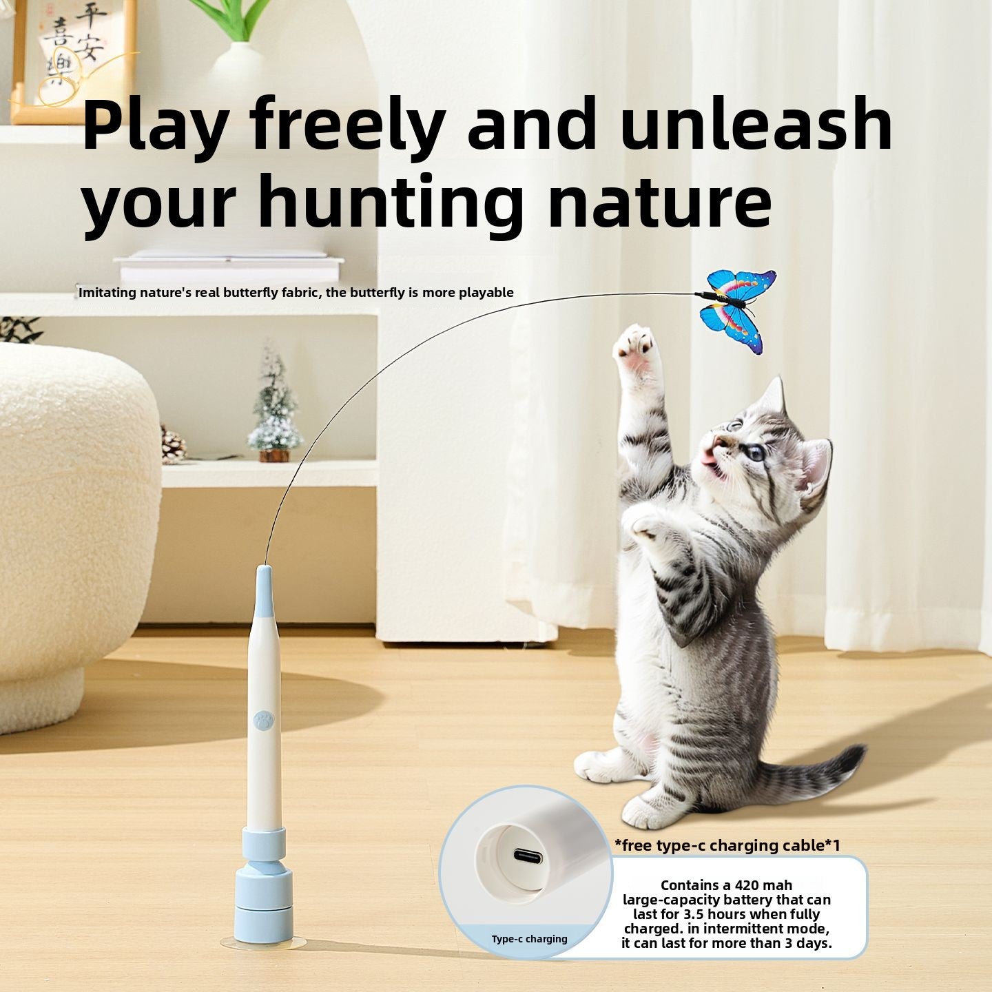 Automatic Butterfly Teaser Cat Toy - Hands-Free Interactive Wand for Indoor Cats