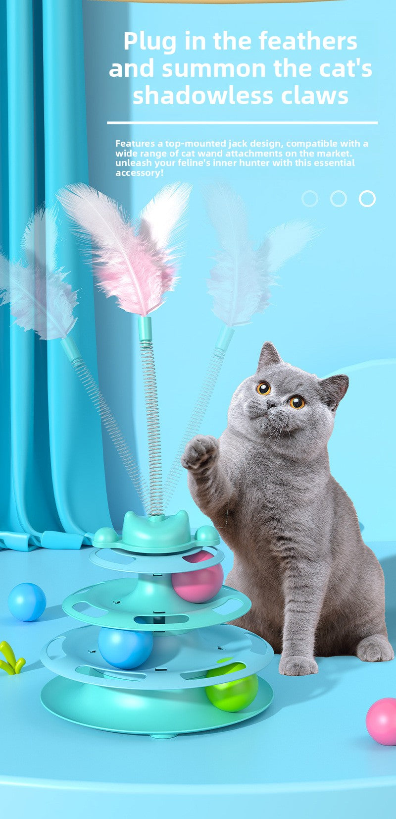 2-in-1 Cat Tur Toy with 3 Rolling Balls & Feather Wand | Interactive Track Tower for Indoor Cats
