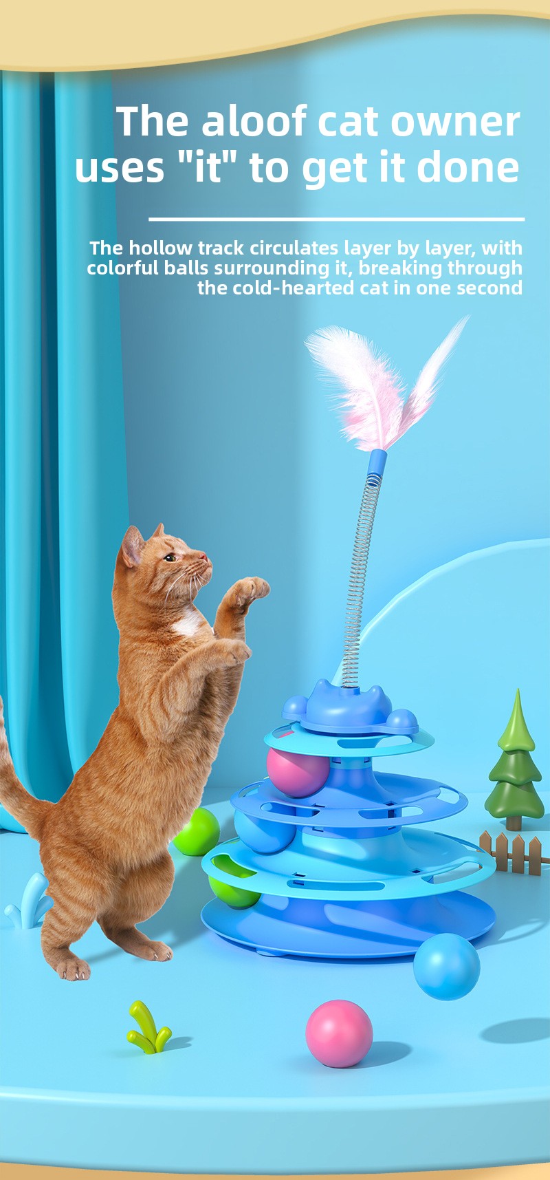 2-in-1 Cat Tur Toy with 3 Rolling Balls & Feather Wand | Interactive Track Tower for Indoor Cats