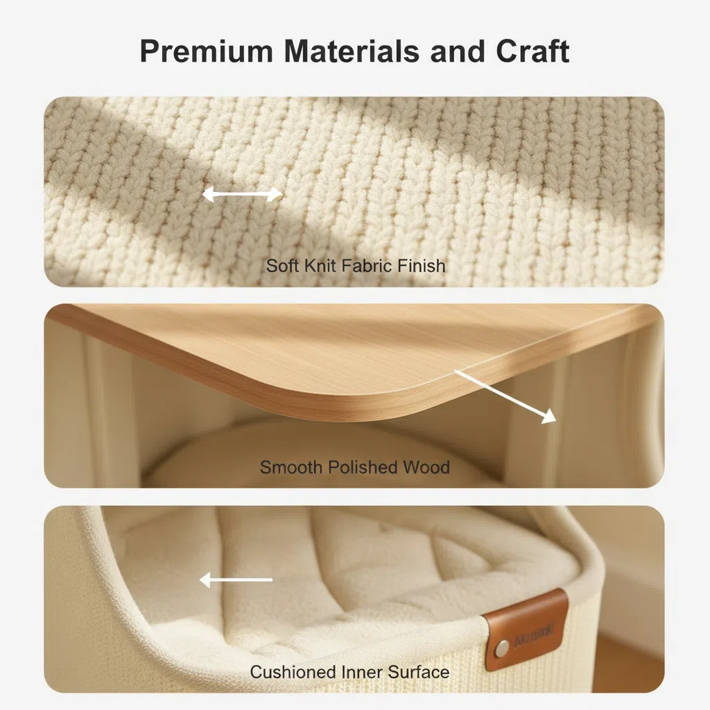 Close-up details of a high-quality cat house featuring soft knit fabric, smooth polished wood platform, and cozy cushioned interior for cats
