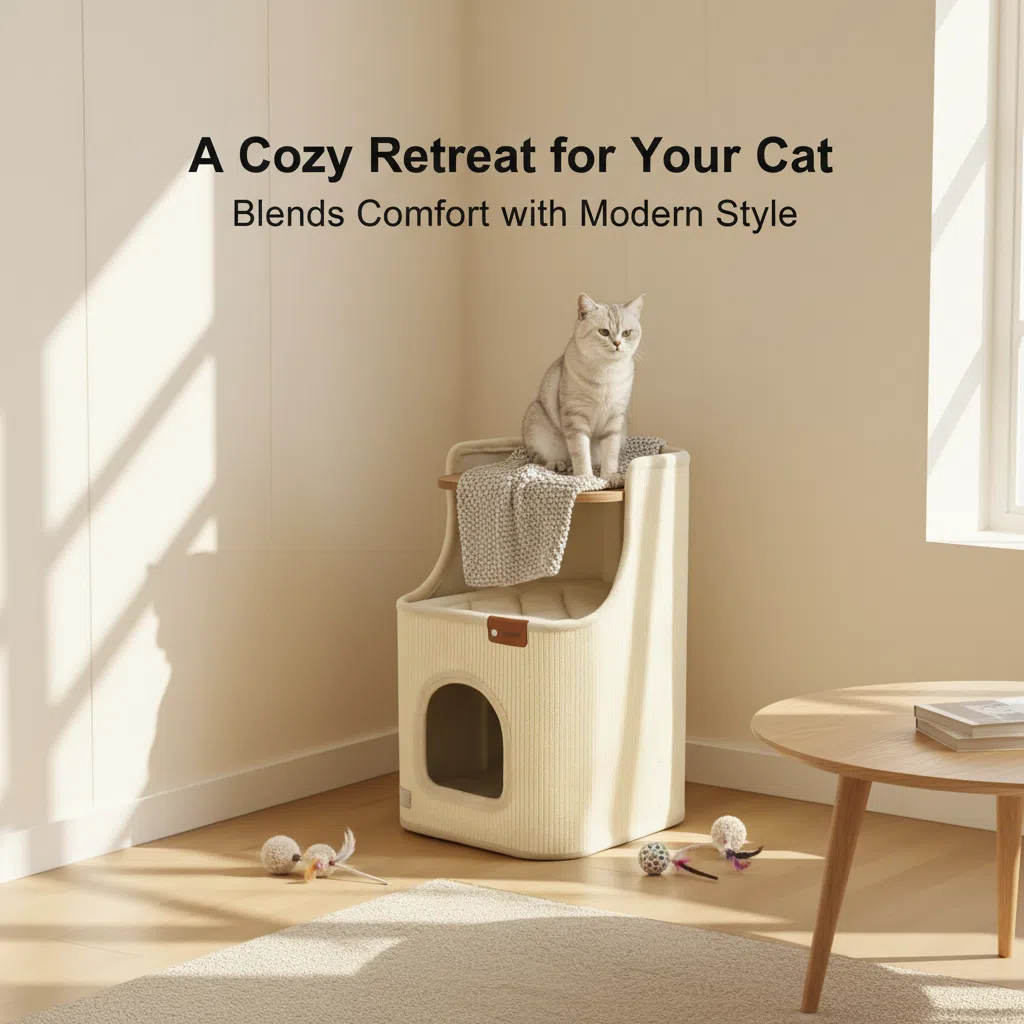 Modern cozy cat retreat condo, stylish 2-level cat house blending comfort with minimalist home decor, cat sitting on elevated perch