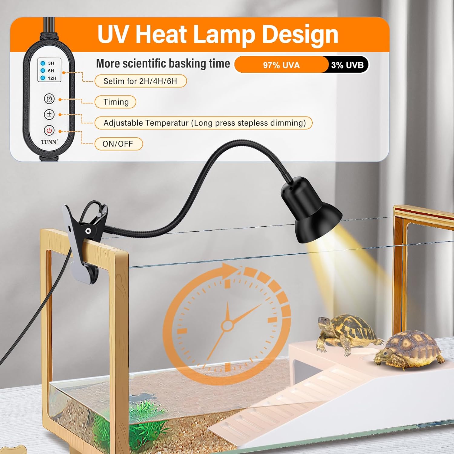TFNN clip-on UVB basking light installed on a turtle terrarium, featuring 97% UVA/3% UVB spectrum, 2/4/6 hour timer, and stepless temperature adjustment for reptile heating and lighting