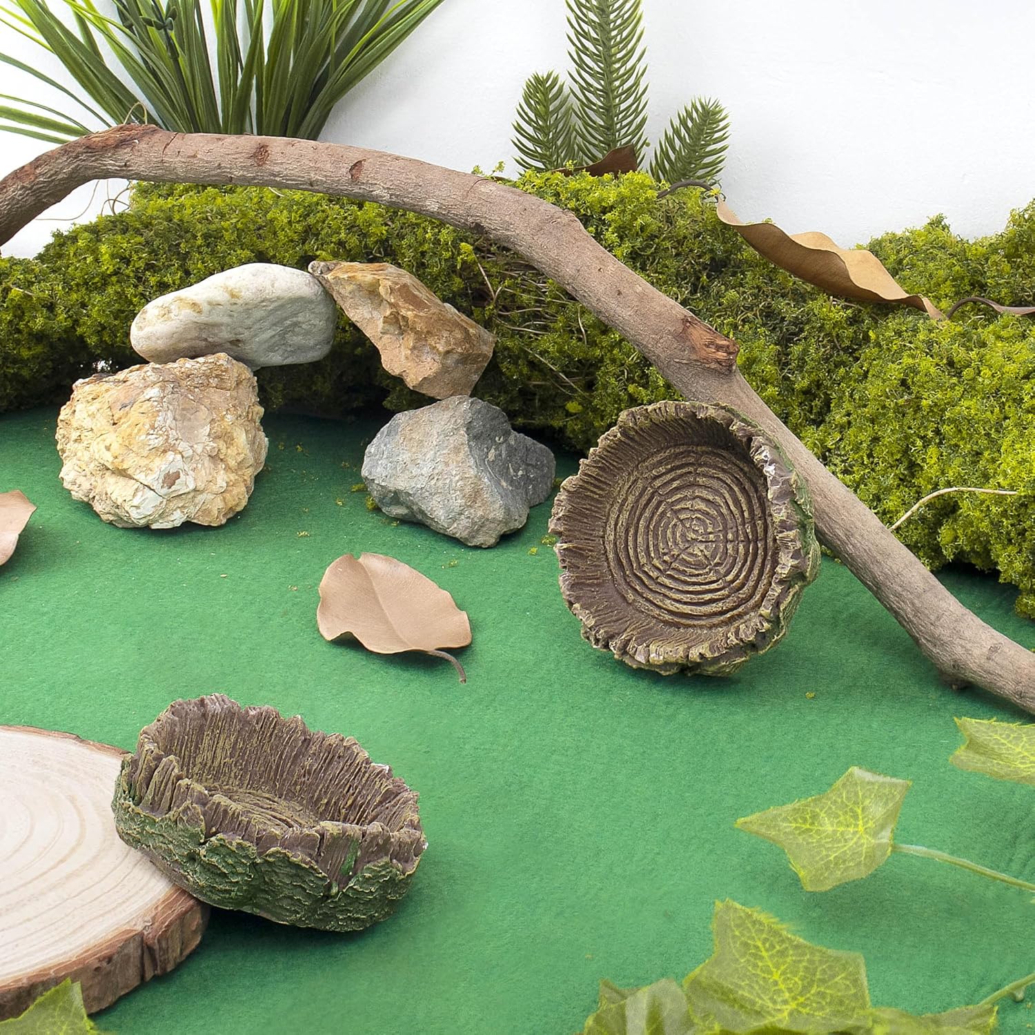Naturalistic tree stump-shaped resin reptile feeding bowls, placed in a realistic terrarium environment with moss, rocks, and driftwood, ideal as water or food dishes for leopard geckos, lizards, and small reptiles