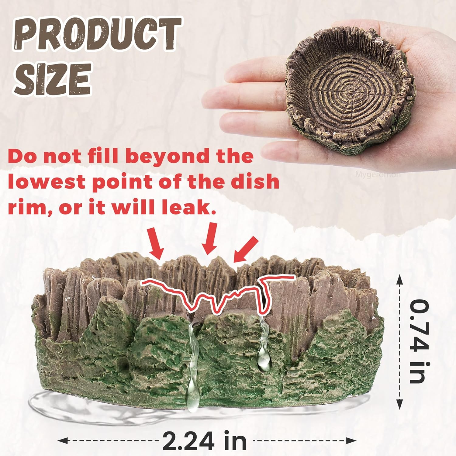 Detailed size specifications of 2.24" wide tree stump-shaped resin reptile water dish, including height 0.74" and important leak prevention guidance
