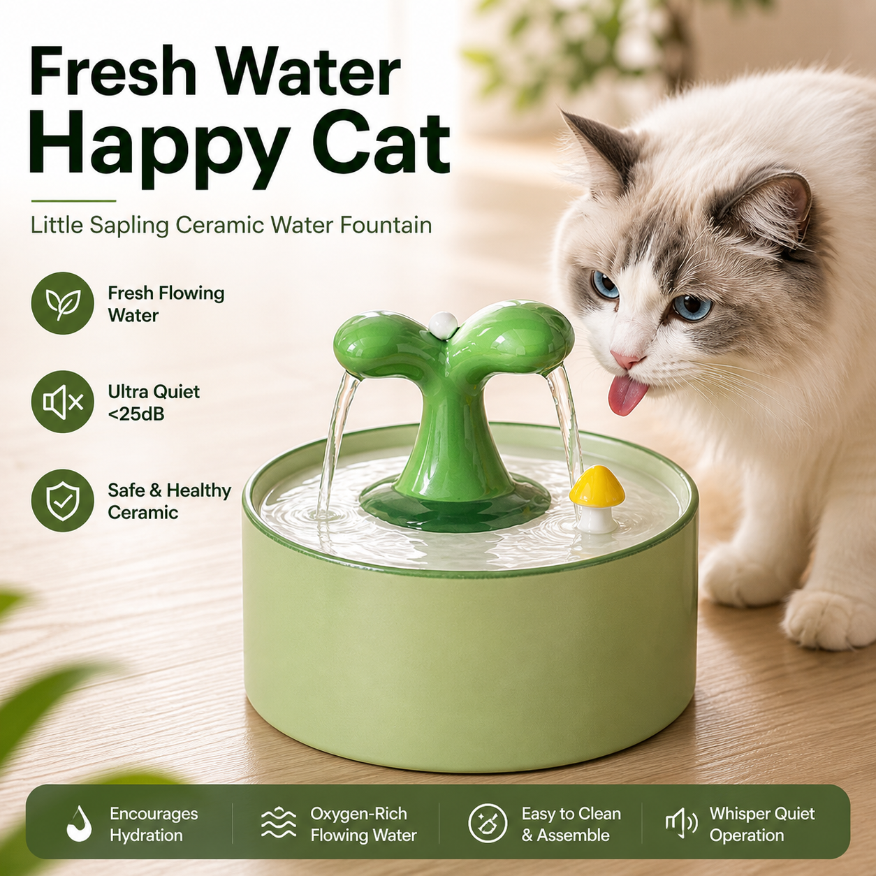 Ceramic cat water fountain with little sapling design, ultra quiet operation and fresh flowing water for healthy hydration