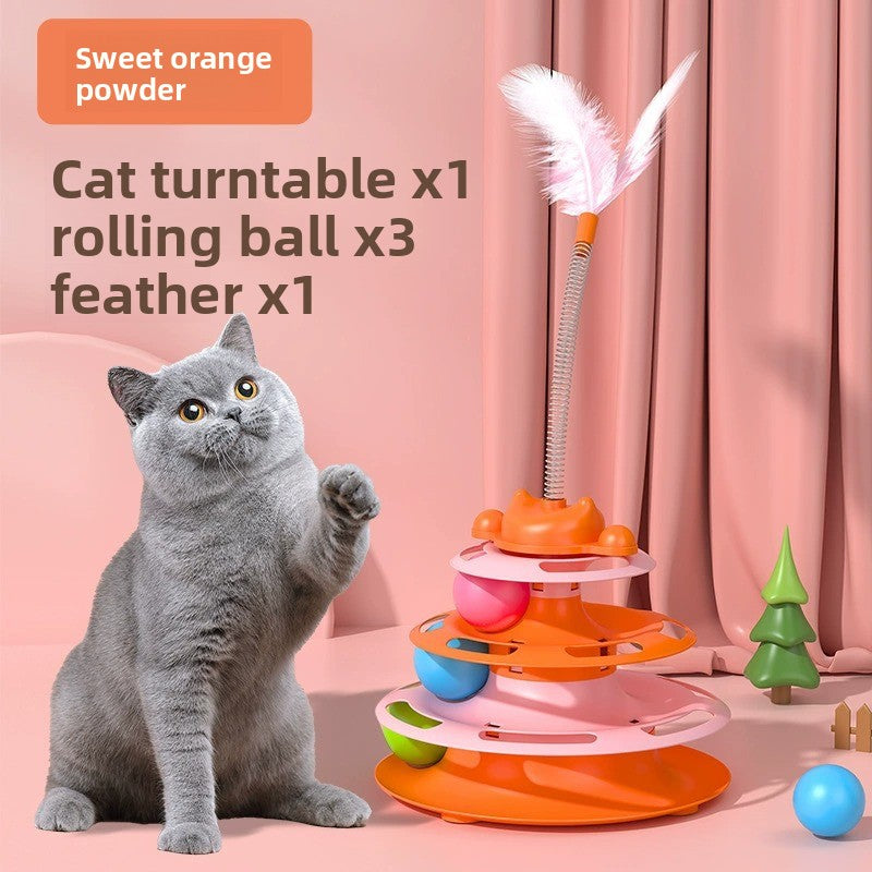 2-in-1 Cat Tur Toy with 3 Rolling Balls & Feather Wand | Interactive Track Tower for Indoor Cats