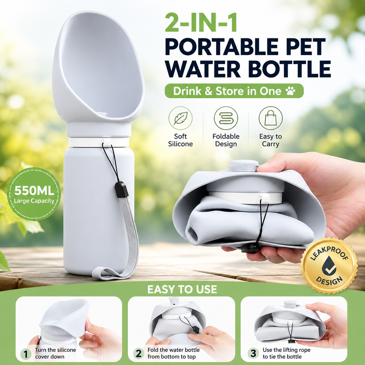2-in-1 foldable portable pet water bottle with 550ml capacity, soft silicone, leakproof design for outdoor travel and walking