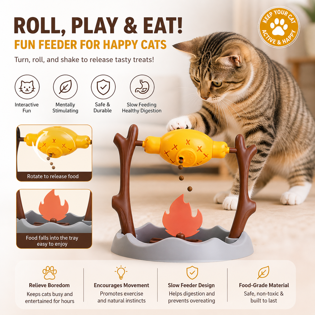 Interactive cat treat dispenser toy that rolls and releases food, slow feeder design for mental stimulation and healthy digestion