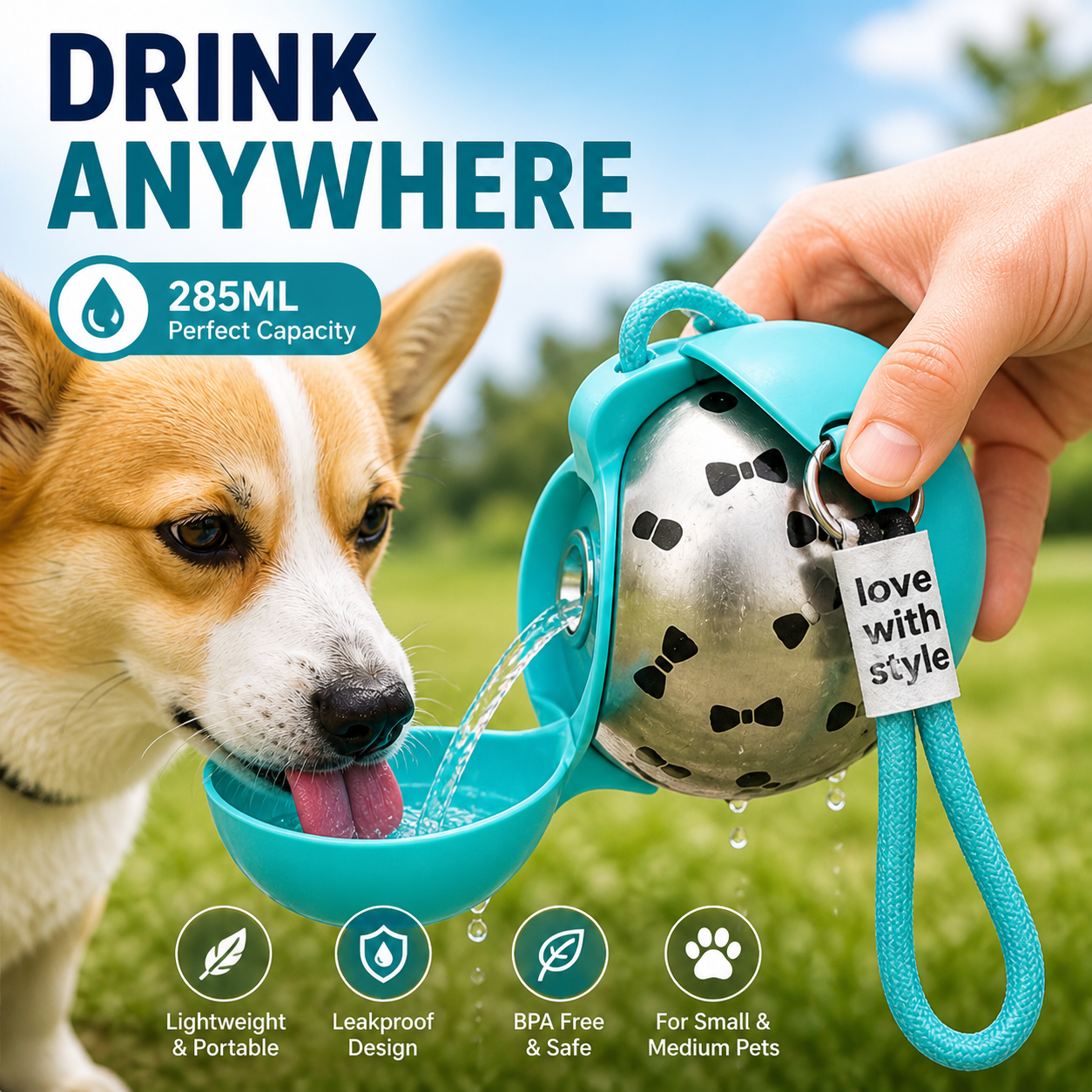 285ml portable dog water bottle, leakproof and BPA-free for small to medium pets, perfect for outdoor walks and travel