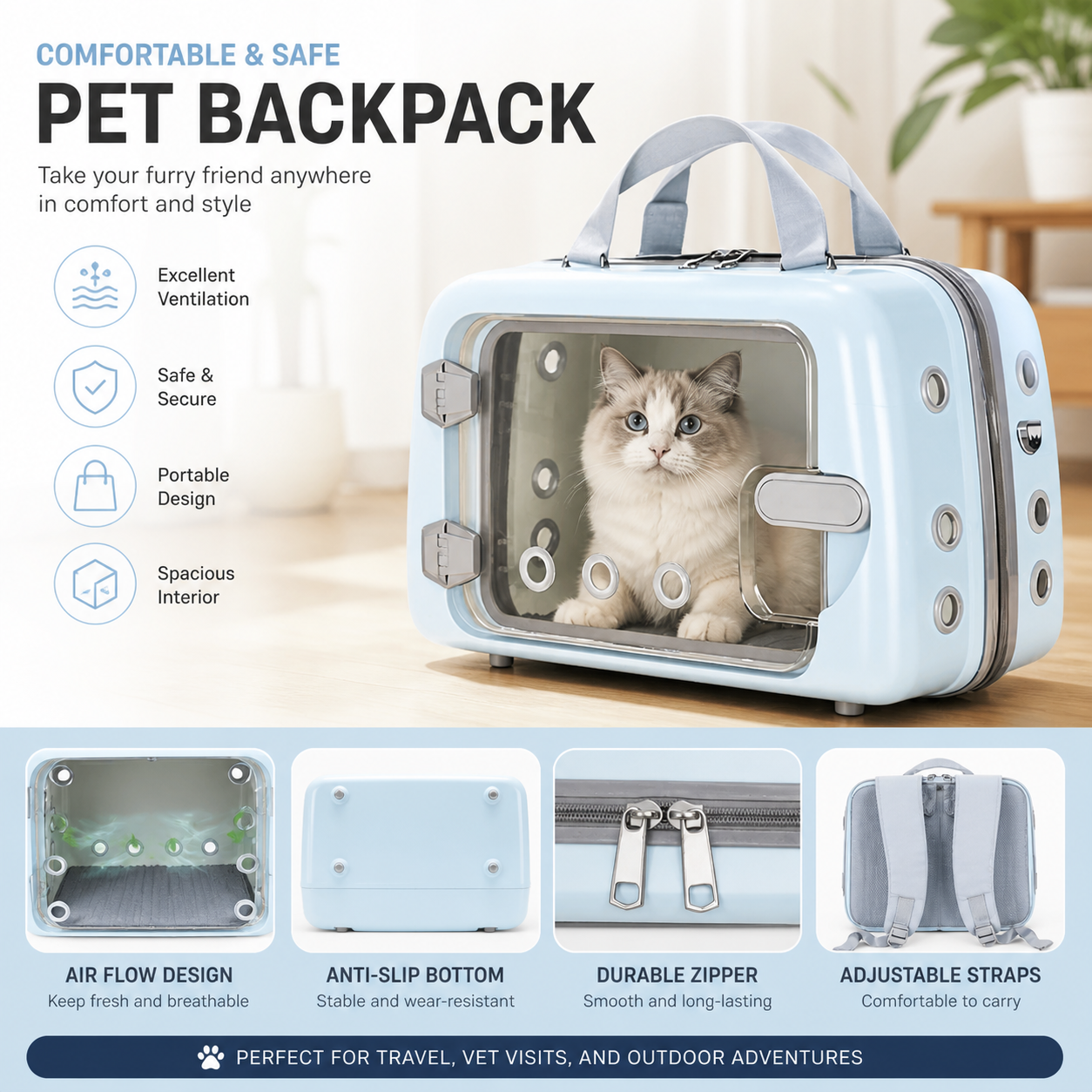 Lightweight pet backpack carrier with excellent ventilation, secure design and spacious interior, perfect for travel and vet visits