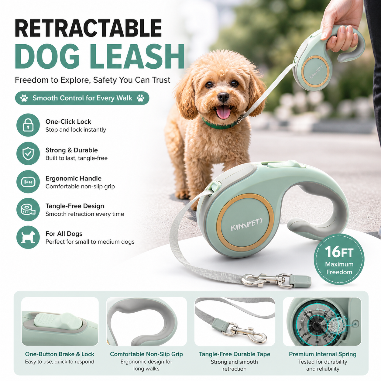 16ft retractable dog leash with one-click lock, tangle-free design and ergonomic handle, perfect for small to medium dogs