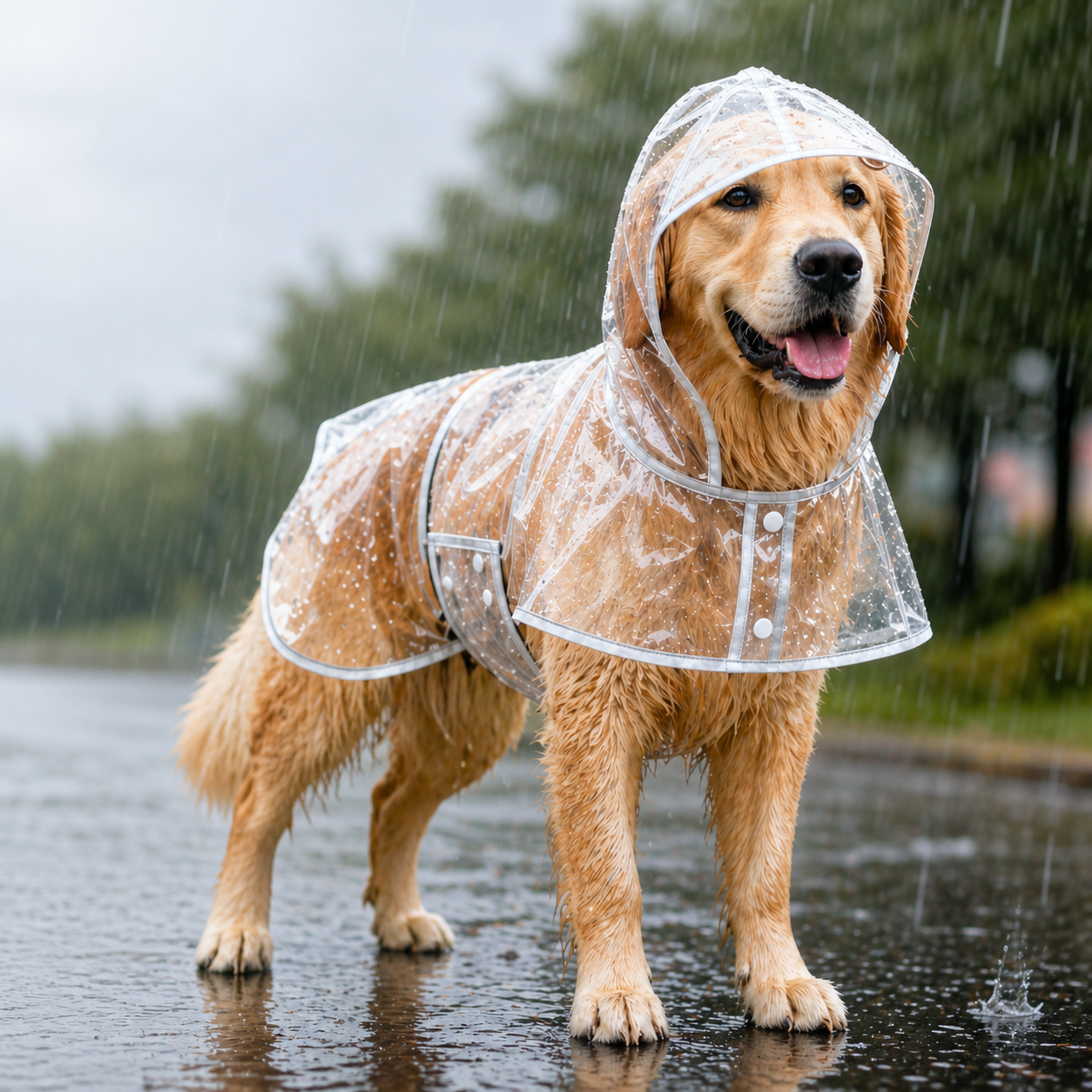 Transparent waterproof dog raincoat with hood, keeps pets dry and comfortable in rainy weather