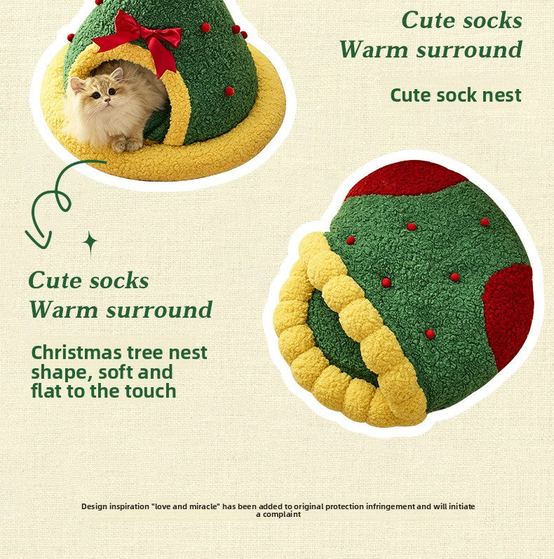 Christmas Tree Cat Nest Warm Winter Pet Bed Semi Enclosed Cozy Sleeping Spot for Cats