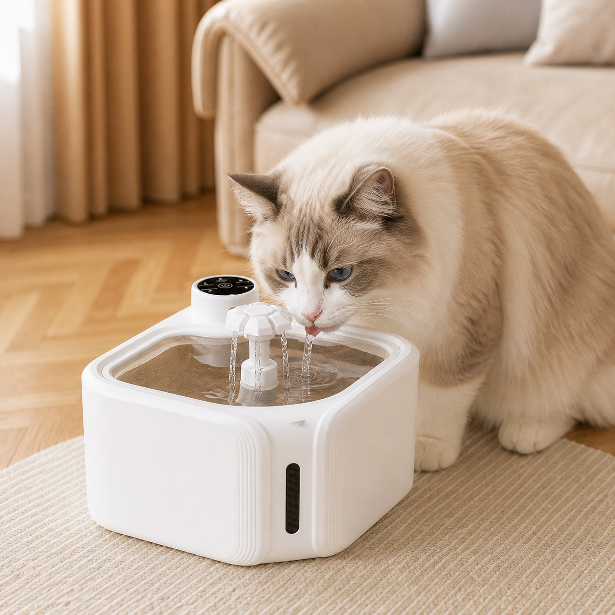 Wireless smart pet water fountain with cat drinking, battery-powered automatic water dispenser for indoor cats and dogs
