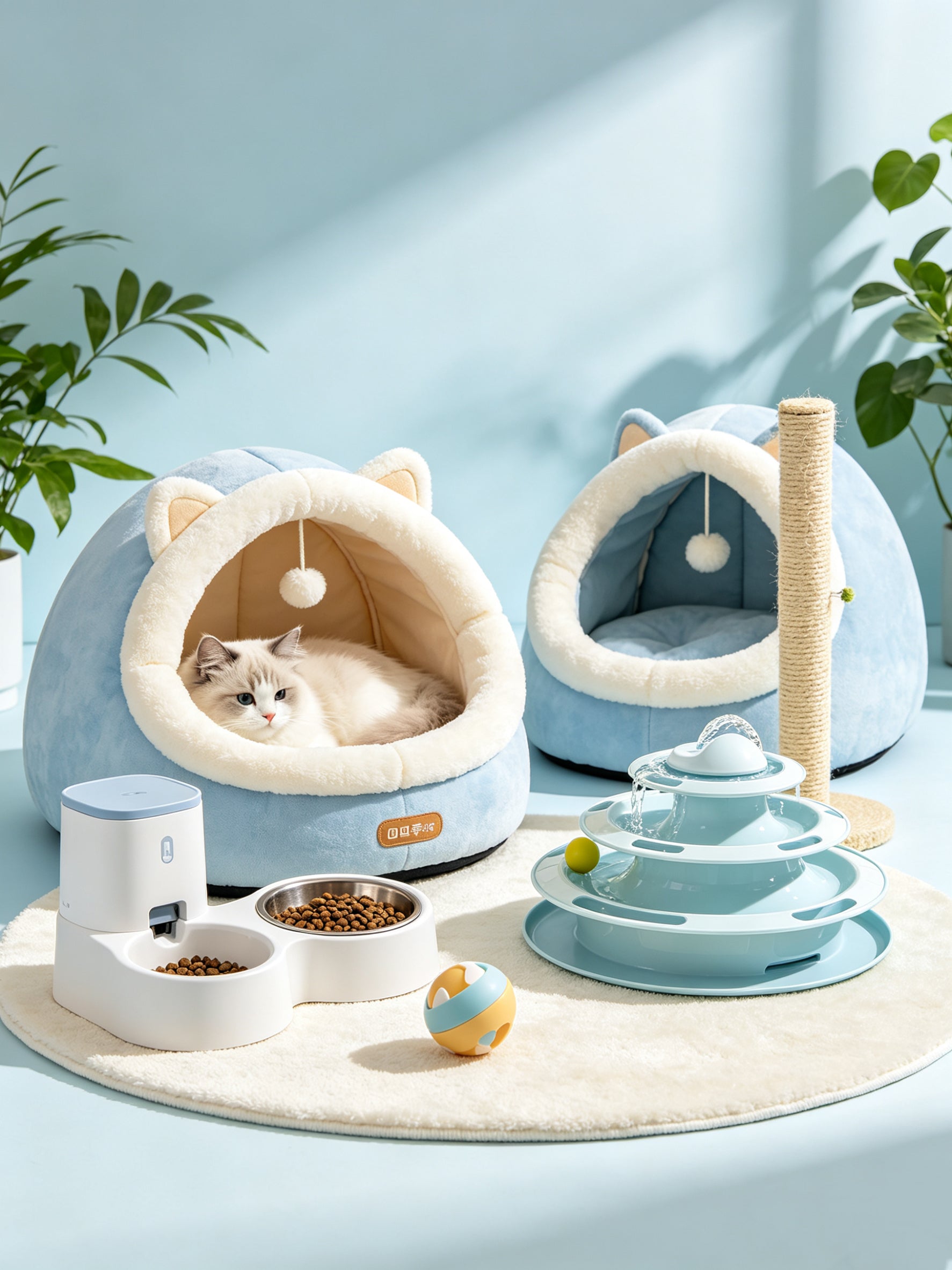 My Pet Lounge: Cat Bed, Automatic Feeder, Water Fountain & Interactive Toys Collection