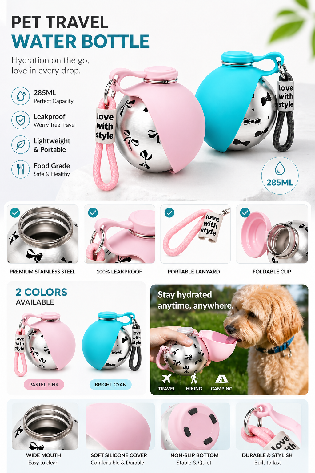 Foldable 304 Stainless Steel Dog Water Bottle Portable Pet Travel Drinking Cup