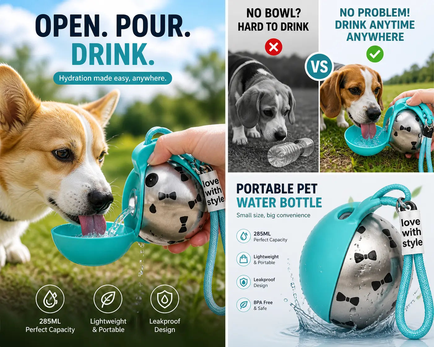 PawPlayHub Portable Dog Water Bottle – Leakproof Travel Water Bottle with Foldable Bowl