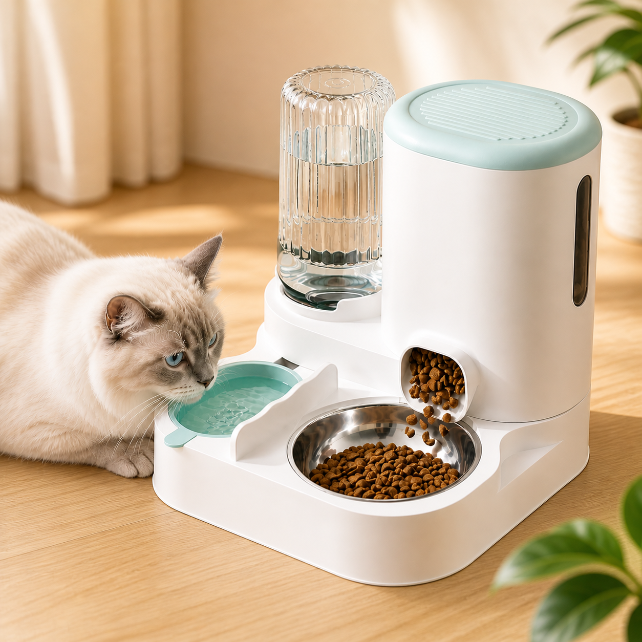 2-in-1 auto pet feeder and water bowl station, gravity food and water dispenser for cats and dogs