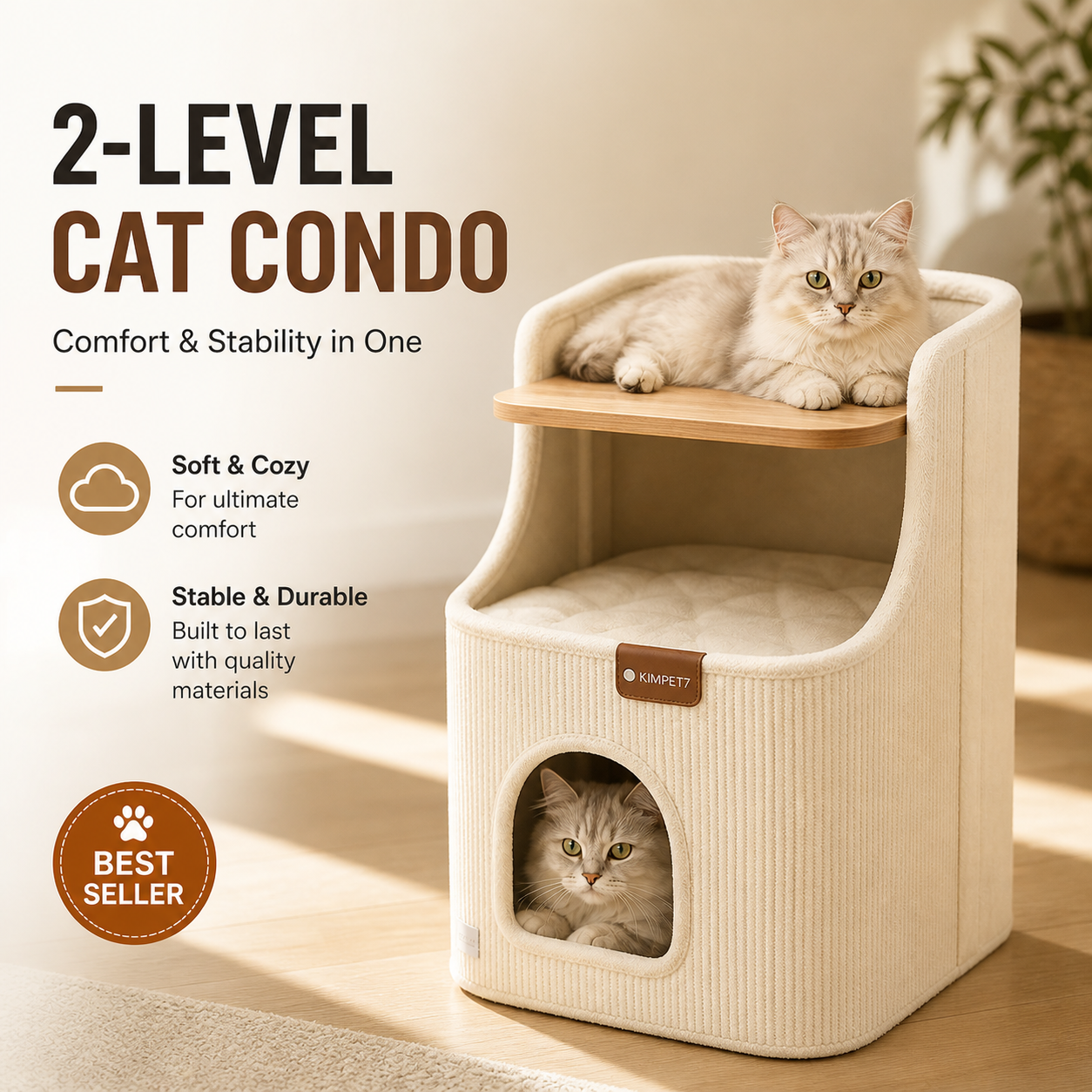 2-level cat condo, two-story cat bed with upper perch and enclosed hideaway for indoor cats