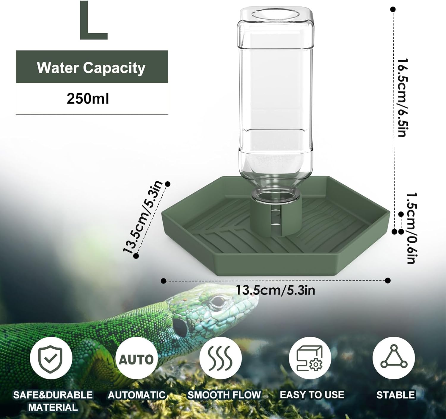 Reptile water dispenser specs, 250ml automatic tortoise waterer dimensions, L-size reptile water bowl