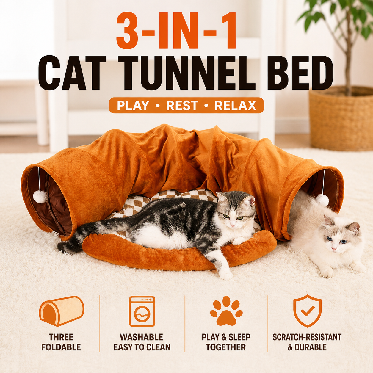 3-in-1 cat tunnel bed for play, rest and relaxation, foldable, washable and scratch-resistant for indoor cats