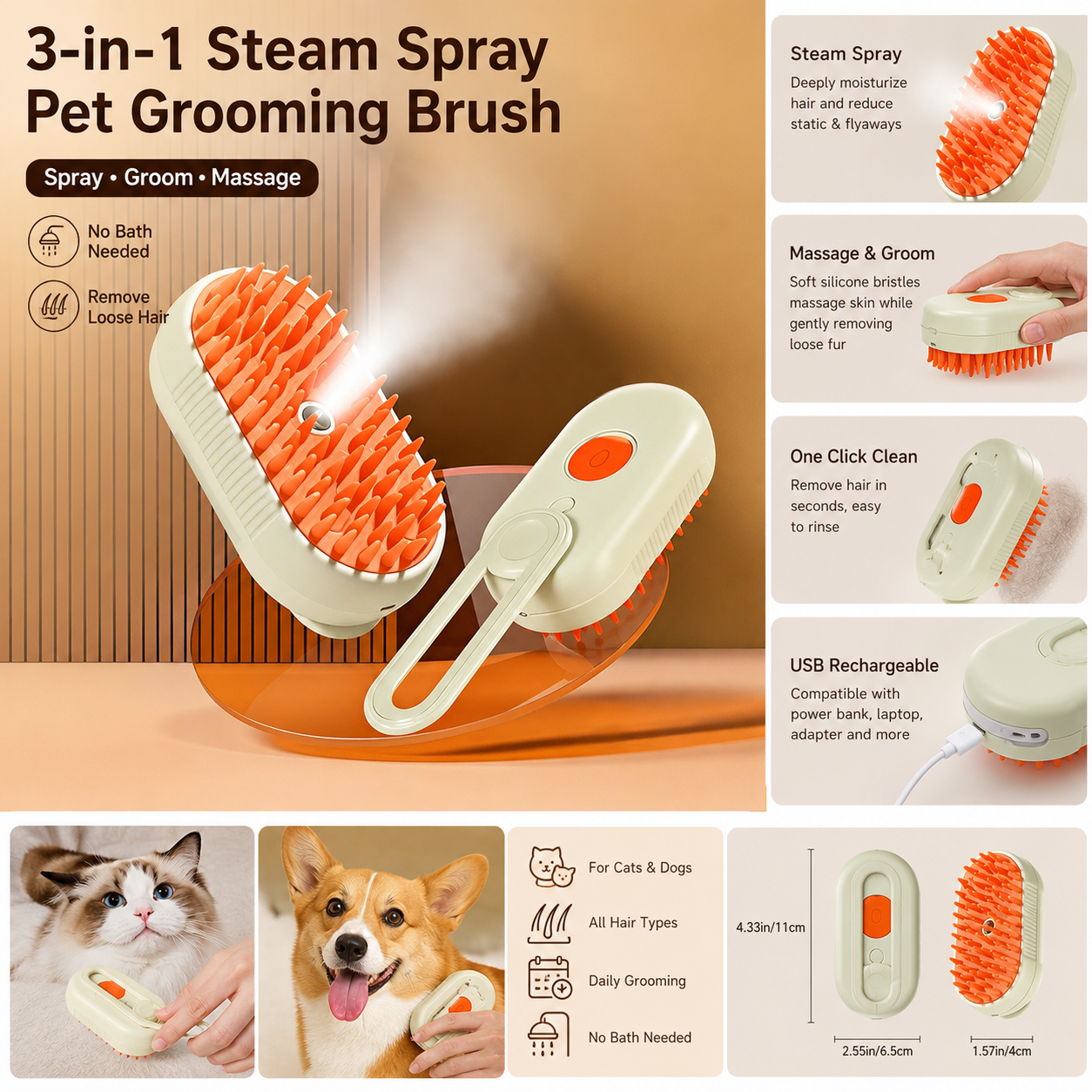 3-in-1 steam spray pet grooming brush feature chart showing steam spray, massage, one-click clean and USB rechargeable functions for dogs and cats